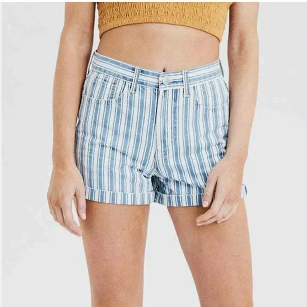 NEW American Eagle High Rise Mom Short Relaxed Denim Stripe Blue White Womens 4